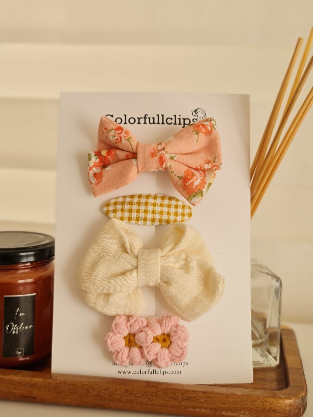 Çiçek Desenli Fiyonk Krem Müslin Fiyonk Klips set