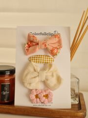Çiçek Desenli Fiyonk Krem Müslin Fiyonk Klips set