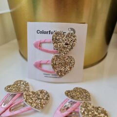 Glitter Pembe Kalp Çıtçıt Toka Çift