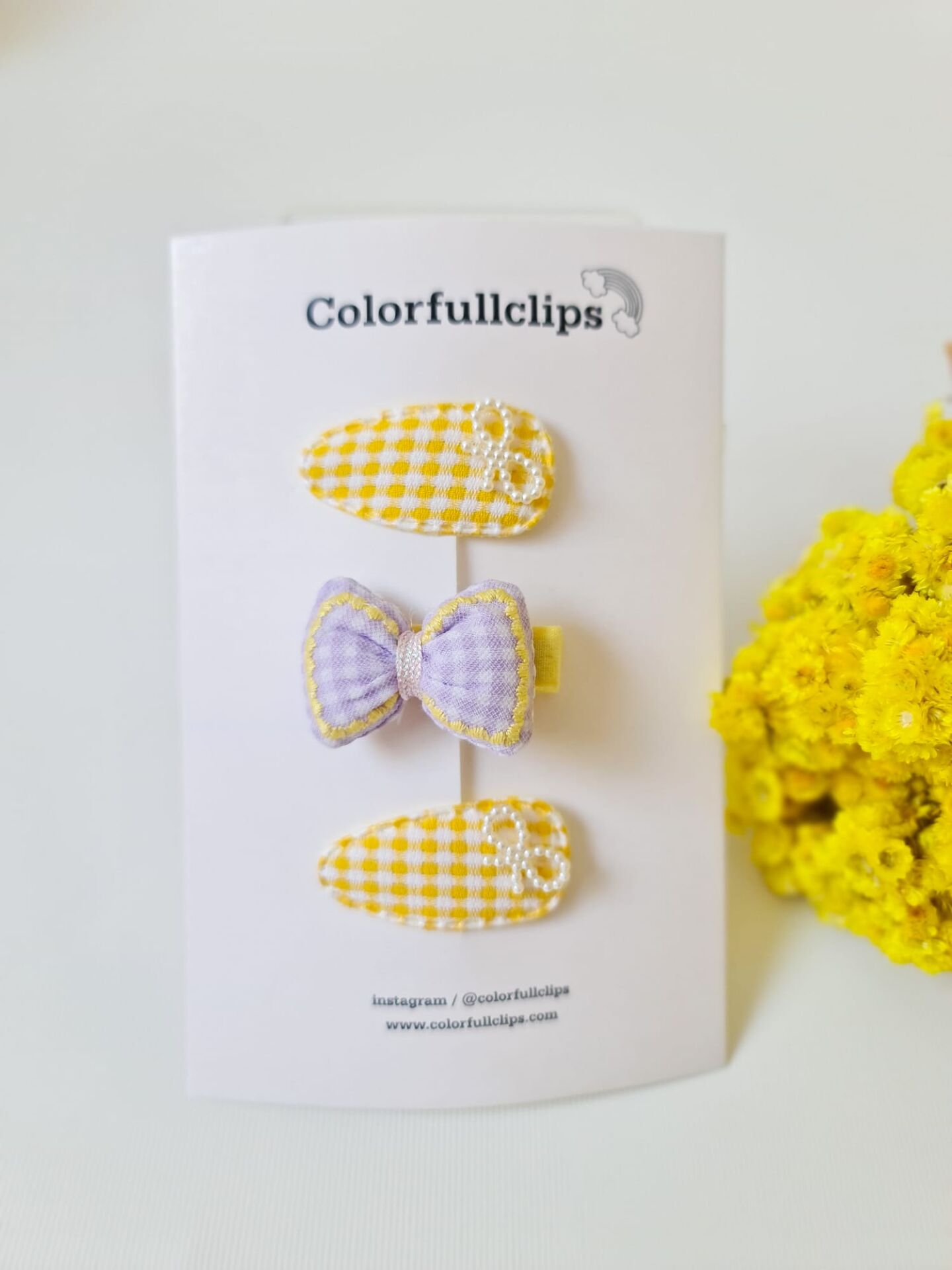 Puf Lila Fiyonk Klips -Sarı Pöti Çıtçıt Toka Set
