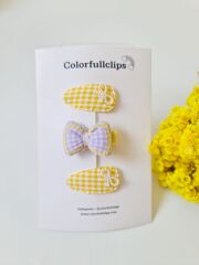 Puf Lila Fiyonk Klips -Sarı Pöti Çıtçıt Toka Set