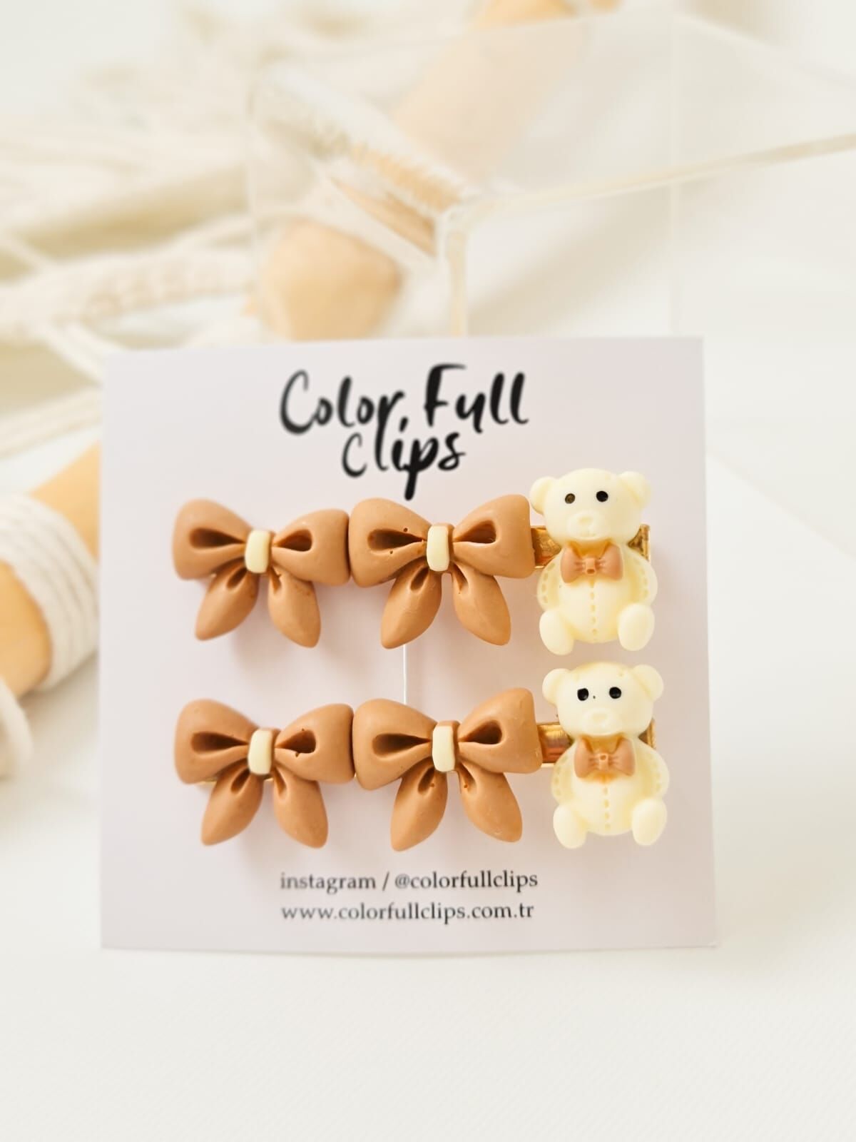 Teddy Fiyonklı Klips Toka Çift Kahve Fiyonk