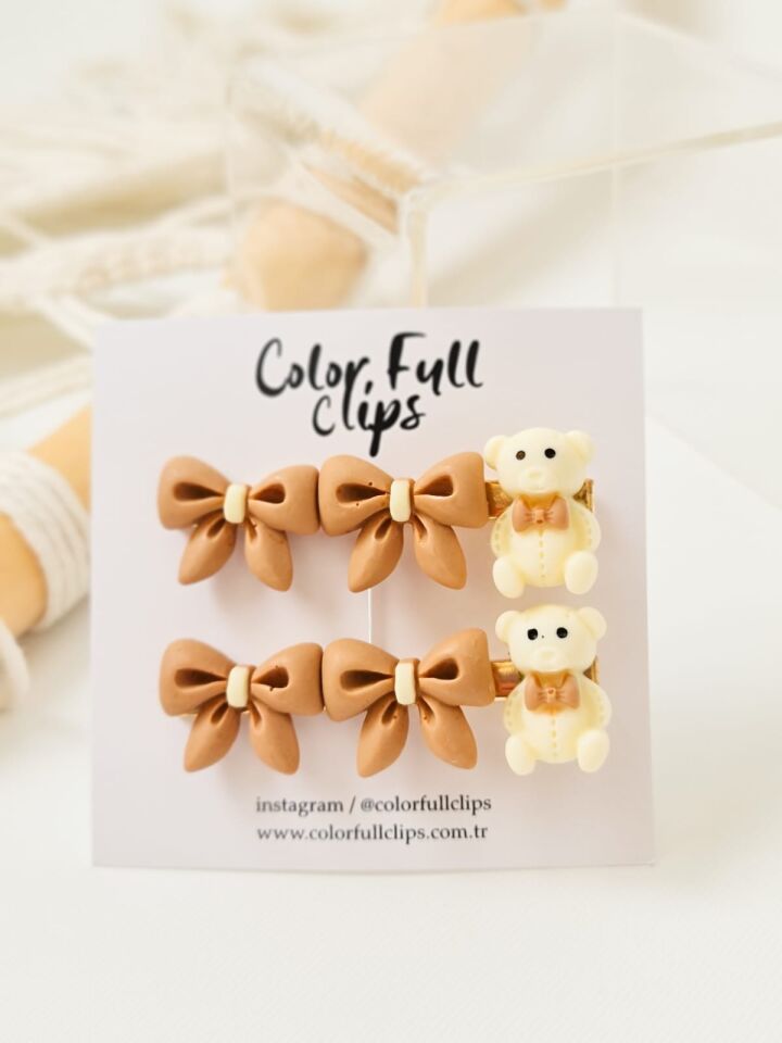 Teddy Fiyonklı Klips Toka Çift Kahve Fiyonk