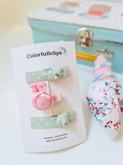 Pembe Tavşan Klips Yeşil Puantiye Çıtçıt Toka Set