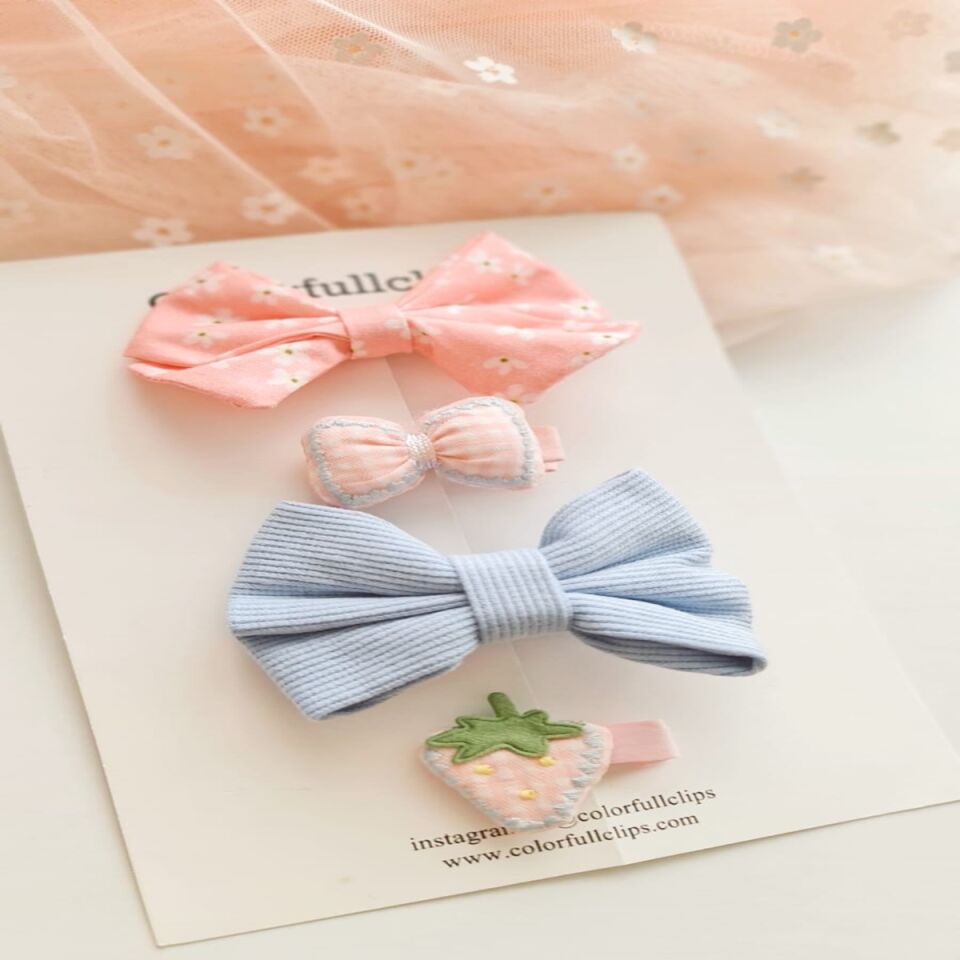 Çiçek Desenli Fiyonk -Çilek Klips Toka Set