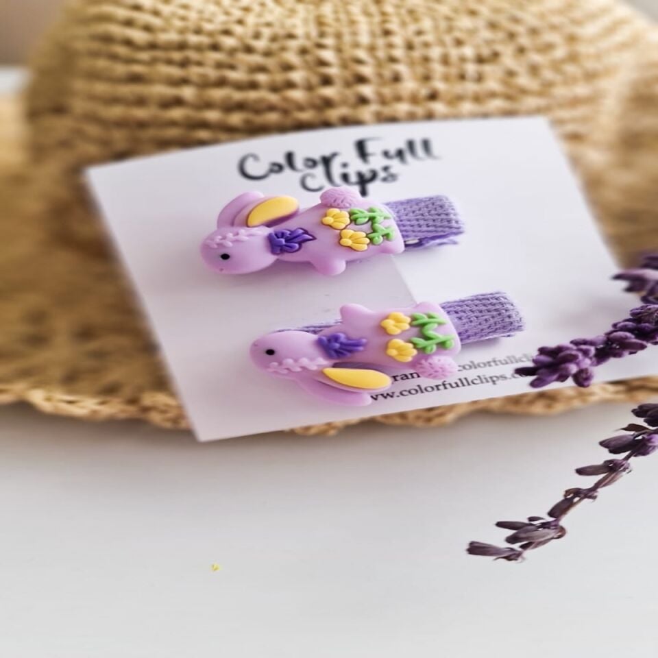 Tavsan Objeli Bebek ve Cocuk Toka – 3.5 cm Klipsli Cift Lila