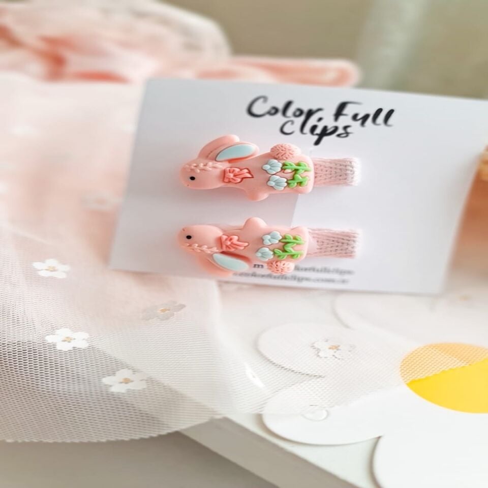 Tavsan Objeli Bebek ve Cocuk Toka – 3.5 cm Klipsli Cift Somon