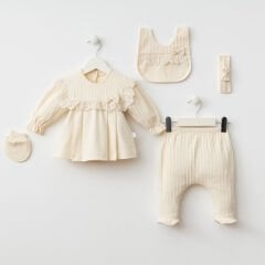 Güpür Yaka Detaylı Krem Hastahane Cikis Set