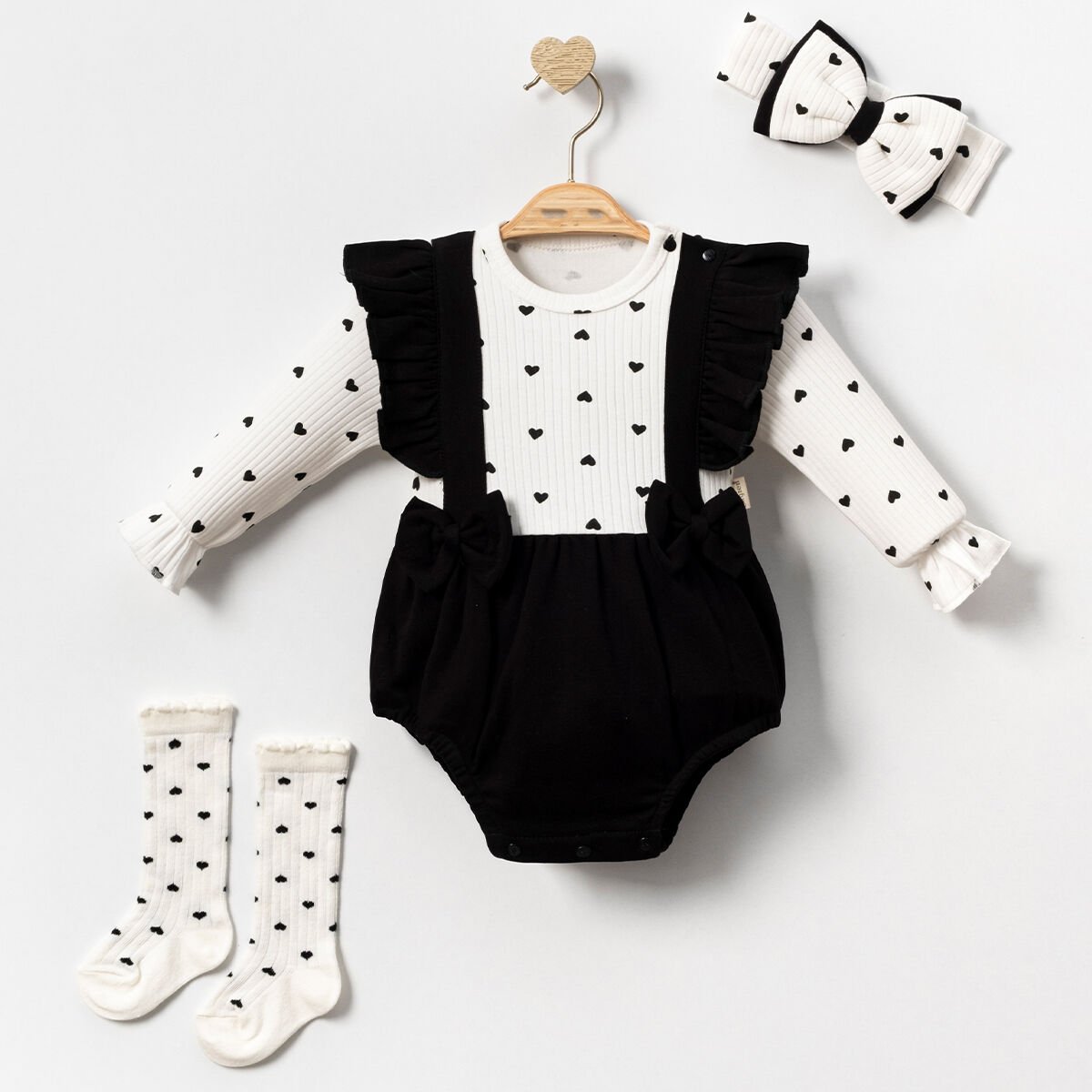 Siyah Kalp Romper Çorap Bandana Set