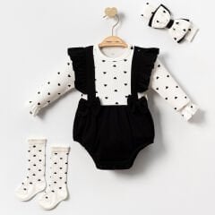 Siyah Kalp Romper Çorap Bandana Set