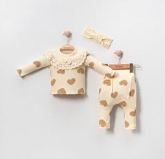 Kahve Kalpli Pamuklu Alt Üst Takim Bandana Set Krem